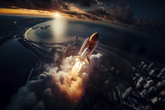 Aerial view of a rocket shuttle carrier launch at sunrise over an ocean coast. The rocket is