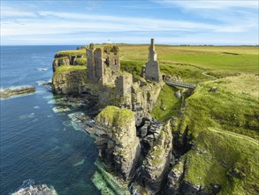 Aerial view of Girnigoe and Sinclair Castle ruins, rock castle on the North Sea coast, Wick, County