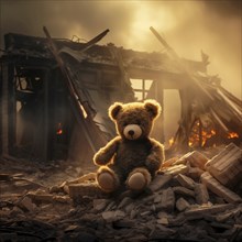 War children tragedy concept, sad teddy bear left in ruins of house destroyed at war, AI generated