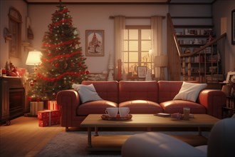 A cozy interior living room decorated for Christmas with a Christmas tree with presents gift boxes.