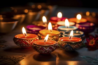 Diwali indian festival of lights background, burning diya lamps on a decorated table close up, AI