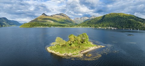 Aerial panorama of the western part of Loch Leven with the historic Isle of Discussion, above it