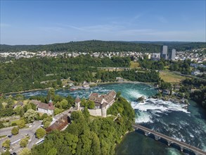 Aerial view of the Rhine Falls with Laufen Castle, Neuhausen, Canton Schaffhausen, Switzerland,