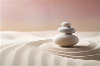 Zen stones stack on raked sand waves in a minimalist setting for balance and harmony. Balance,