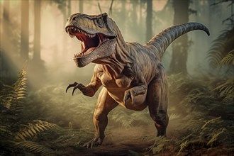 Tyrannosaur rex roaring in a prehistoric forest with lush vegetation, ferns and sunlight, AI