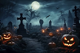 Halloween concept, spooky graveyard at night under full moon with Halloween jack-o-lantern pumpkins