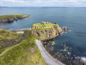 Aerial view of Dunnottar Castle ruins on the North Sea coast, Stonehaven, Aberdeenshire, Scotland,