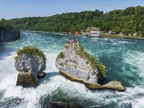 Aerial view of the Rhine Falls, with tourists on the viewing platform, Neuhausen, Canton