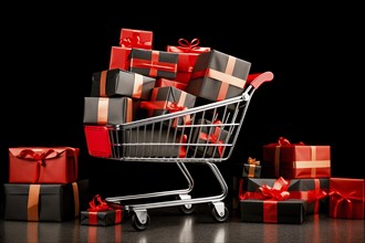 A black Friday Sale concept, black present boxes with red ribbons in shopping cart on a black