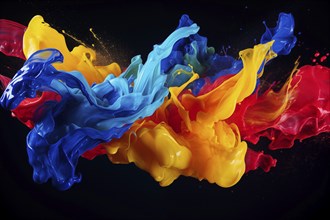 Abstract background of vibrant colorful paint splashes on black background, AI generated