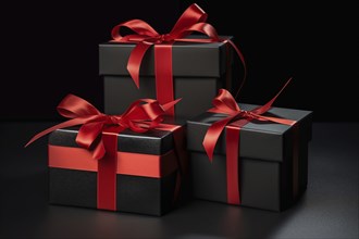 A black Friday Sale concept with black present boxes with red ribbons on a black background, AI