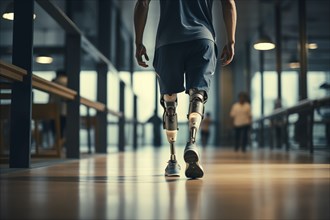 Amputee sportsman walking in corridor with bionic prosthetic legs prosthesis with robotic