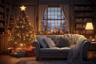 A cozy interior living room decorated for Christmas with a Christmas tree with presents gift boxes.