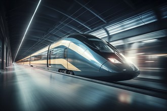 Modern high speed train in a futuristic train station. Modern transportation technology, speed,