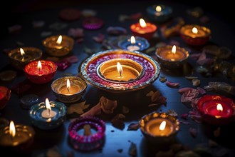 Diwali indian festival of lights background, burning diya lamps on a decorated table close up, AI