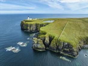 Aerial view of the lighthouse at Noss Head, North Sea coast, Wick, County Caithness, Scotland,