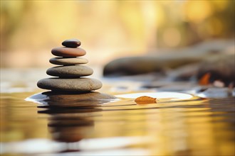 Stack of zen stones on water with a nature background. The image conveys a sense of balance,