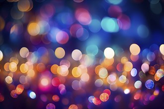 An abstract and colorful defocused blurred bokeh background with bright lights and festive