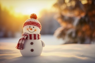 Smiling cute snowman with a red scarf and hat in a winter forest landscape at sunset. Concept the