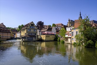 Left arm of the Regnitz, with mill bridge, and Eckert's inn, Bamberg, Upper Franconia, Bavaria,