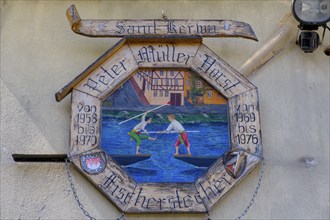 Shield Fisherman King, Fisherman's punt, Regnitz with Kleinvenedig, Bamberg, Upper Franconia,