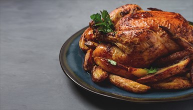 Fried whole chicken, with potatoes, on a gray background, no people