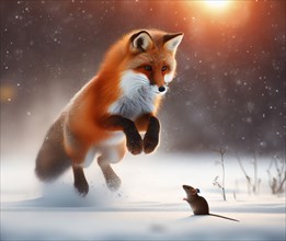 A red fox in winter fur jumping in pursuit of a mouse in the snow in a winter landscape, AI