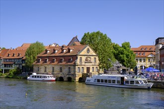 Regnitz with Kleinvenedig, and landing stage, Bamberg, Upper Franconia, Bavaria, Germany, Europe