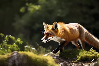 Red fox mid hunt front view in the forest, AI generated