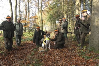 Hunter with red hatbands and hunting dog German shorthair with safety waistcoat with red fox