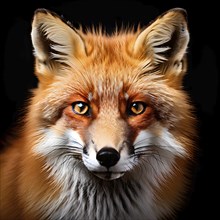 Red fox portrait on isolated black background, AI generated