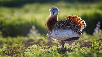 Great bustard (Otis tarda) mating male, spread beard feathers and wings, heaviest flying bird, La