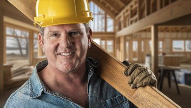 Handsome friendly male contractor at a construction site wearing a hard hat and work gloves