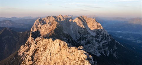 Aerial view, sunset, alpenglow in the mountains, mountain range, Wilder Kaiser, Tyrol, Austria,