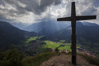 Hirschbergkreuz, Kleiner Hirschberg, view of Bad Oberdorf and Bad Hindelang and the AllgÃ¤u Alps,