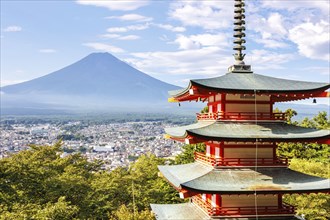 View of Mount Fuji with Chureito Pagoda in Arakurayama Sengen Park in Shimoyoshida, Japan, Asia