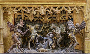 Temptation of St. Anthony Abbot, detail of carved winged altar, work of the Lukas Guild Antwerp,