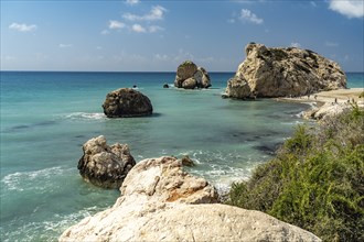 Petra tou Romiou, the Rock of Aphrodite on the coast in Kouklia near Paphos, Cyprus, Europe