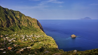 Islets, Scoglio Faraglione, green bay, houses, Filicudi island, Spiaggia di Pollara, Pollara beach,