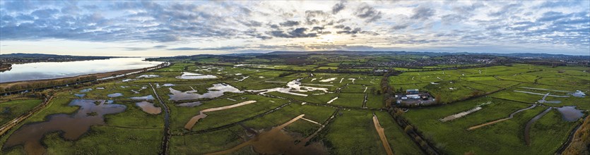 Panorama of Wetlands and Marshes in RSPB Exminster and Powderham Marshe from a drone, Exeter,