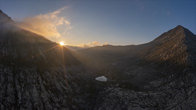 Aerial view of sunrise at Lake MÃ¤rjelen between Eggishorn and Strahlhorn on the Aletsch Glacier,