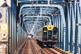 Regional trains of the private railway Hanshin Electric Railway in Osaka, Japan, Asia