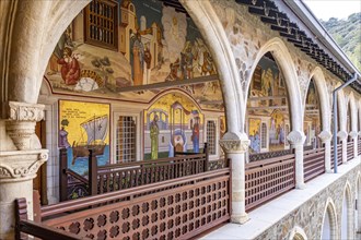 Mosaics in the corridor of Kykkos Monastery in the Troodos Mountains, Cyprus, Europe