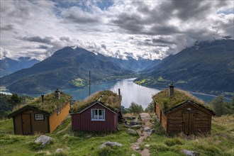 Traditional mountain huts on Rakssetra mountain pasture, Ã…rheimsfjellet mountain, Loen, Stryn,