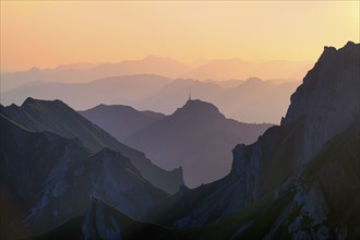 Alpstein Mountains at sunrise, view of Mount Hoher Kasten, behind it Vorarlberg Austria, Canton