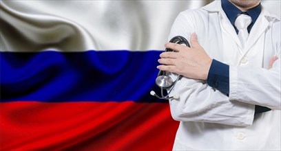 Doctor with stethoscope on Russian flag. Doctor with crossed arms on Russian flag. Medical health