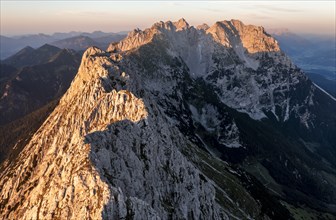 Aerial view, sunset, alpenglow in the mountains, mountain range, Wilder Kaiser, Tyrol, Austria,