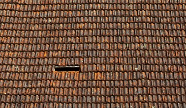 Old weathered tiled roof with missing tiles, residential building, Austria, Europe