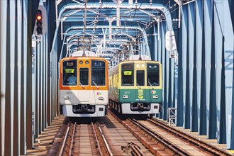 Regional trains of the private railway Hanshin Electric Railway in Osaka, Japan, Asia