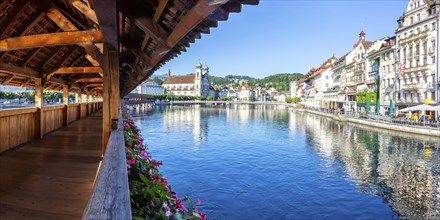 Chapel bridge city on the river Reuss with bridge panorama in Lucerne, Switzerland, Europe